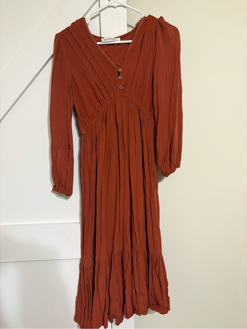 Rust Long-Sleeve Tiered Midi Dress - Boho V-Neck